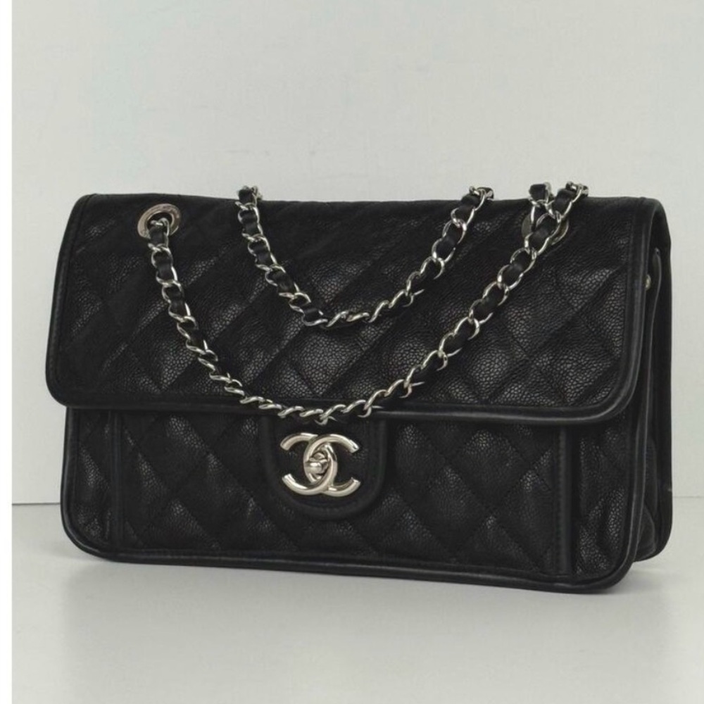 Chanel Black French Riviera Flap Bag, Caviar Leather - Medium Size